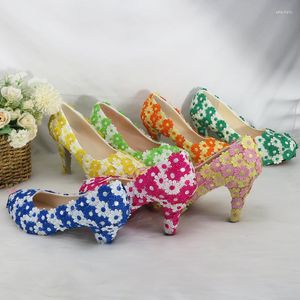 Dress Shoes 2023 Bridal Wedding Lace Flower Pumps Women Party Shoe slip-on High Heel Appliques 5/8/11cmthinheels