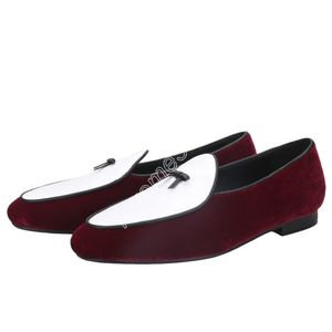 Chaussures habillées 2023 bordeaux velours Patchwork blanc peau de vache chaussures belges avec nœud papillon en cuir mode fête sans lacet hommes mocassins