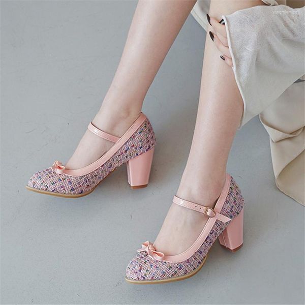 Zapatos de vestir 2023 cómoda Mary Jane High Heel Fashion Round Toe Buckle Women Lindo Bow Knot Square Bombas Black Pink Beige