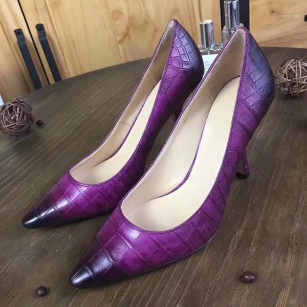 Zapatos de vestir 2023 moda genuina piel de cocodrilo real señora tacón alto bomba zapato para mujer púrpura amarillo negro1