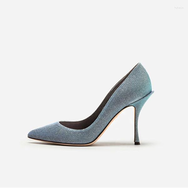 Zapatos de vestir 2023 Fashion Runway Office Lady Tacones altos Tela con lentejuelas Slip fino en bombas Mujeres Fiesta Boda Azul Gris