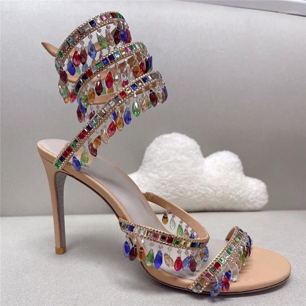 Zapatos de vestir 2023 Comercio exterior Colorido Agua Diamante Joya Tobillo Envuelto Sandalias de tacón alto sexy en Europa y América