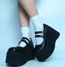 Zapatos de vestir 2023 Goth Black Mary Janes Bombas Cool Sweet Chunky Plataforma Cuñas Tacón alto Linda Mujer 2 Correas de hebilla