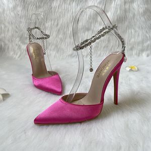 Dress Shoes 2023 Licht roze perzik zijden satijn puntige teen dames dame 120 mm plus maat hoge hak pomp feestavond te koop