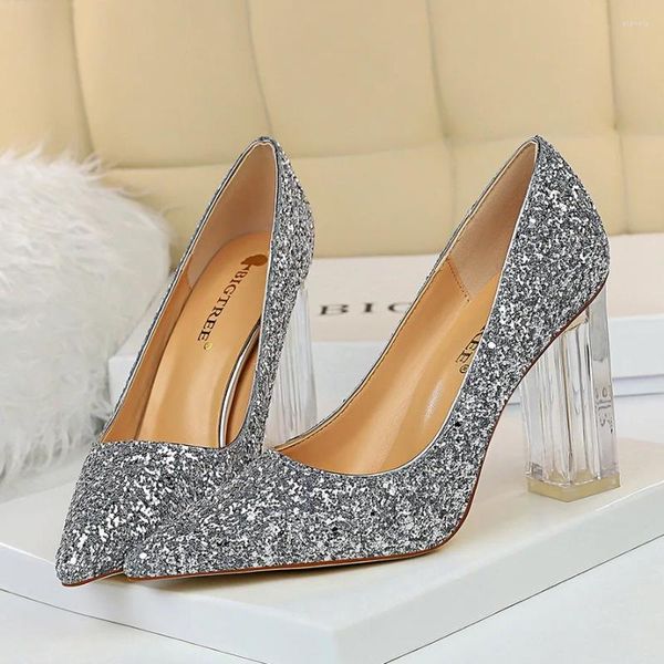 Zapatos de vestir 2023 Mujeres de lujo 9.5 cm Tacones altos Bombas de bloque claro de oro Glitter Boda Lentejuelas nupciales Fiesta brillante Tamaño grande