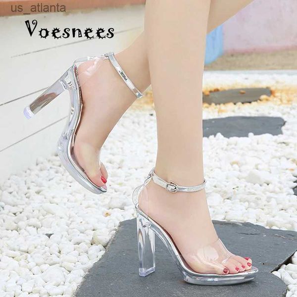 Chaussures de robe 2023 Nouvelles sandales transparentes Femmes Talons hauts 11cm Talon épais Semelle en caoutchouc antidérapante Style romain Boucle laquée Femmes H240325