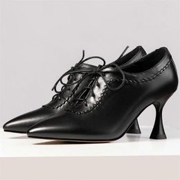 Chaussures habillées 2023 chaussures de bureau femmes à lacets en cuir véritable pompes à talons hauts femme bout pointu peu profond fête de mariage bottines décontracté