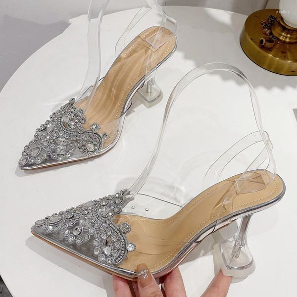 Zapatos de vestir 2023 de PVC transparente para mujer, zapatos de tacón sexis con cuentas de cristal, tacones de estilo extraño, sandalias de graduación con punta en pico para primavera