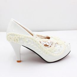 Dress Shoes 2023 Round Head Hog Hiel Dames Witte Imitatie Pearl Decoratief Lace Wedding Spring Bruid SCHOENBH2204
