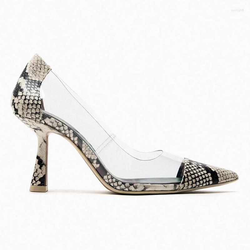 Zapatos de vestir 2023 Primavera Mujer Piel de serpiente Stiletto Tacones altos Diseñador Perspex transparente Bombas Calzado de punta estrecha