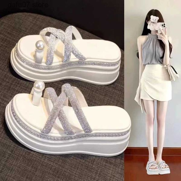 Zapatos de vestir 2023 Sandalia de playa de verano Mujer de lujo Zapato femenino Zuecos Cuña Tacones altos Niñas Terciopelo Beige Confort Plataforma de diamantes de imitación Alto-heeH2431