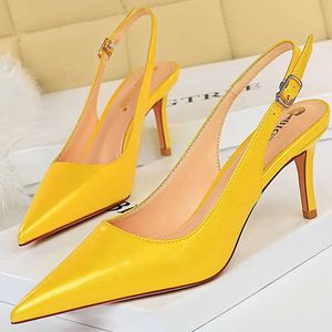 Dress Shoes 2023 Zomer Elegante vrouwen Glitter Roze gele hakken Slingback Sandalen 7cm Stiletto Hoge Heels Sandalen Trouwschoenen Plus Size G230203