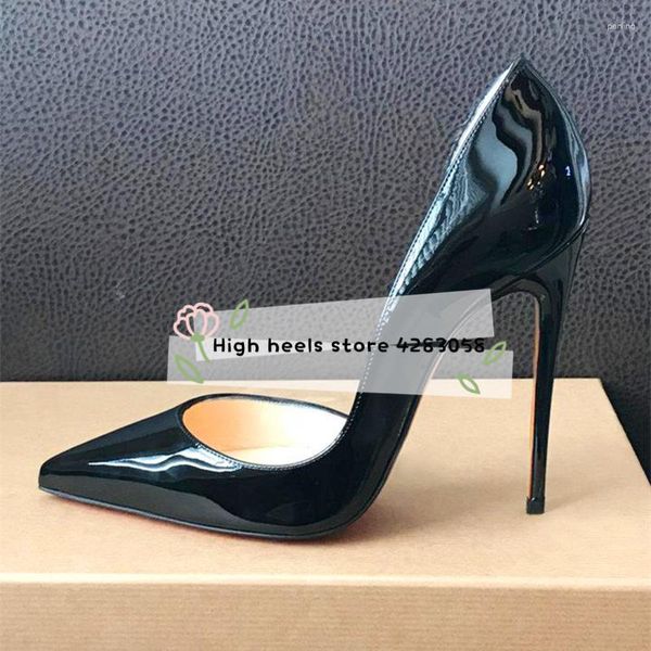 Zapatos de vestir 2023 estilo de verano moda mujer bombas negro charol tacones puntiagudos tacón de aguja tacones altos 12cm 10cm 44
