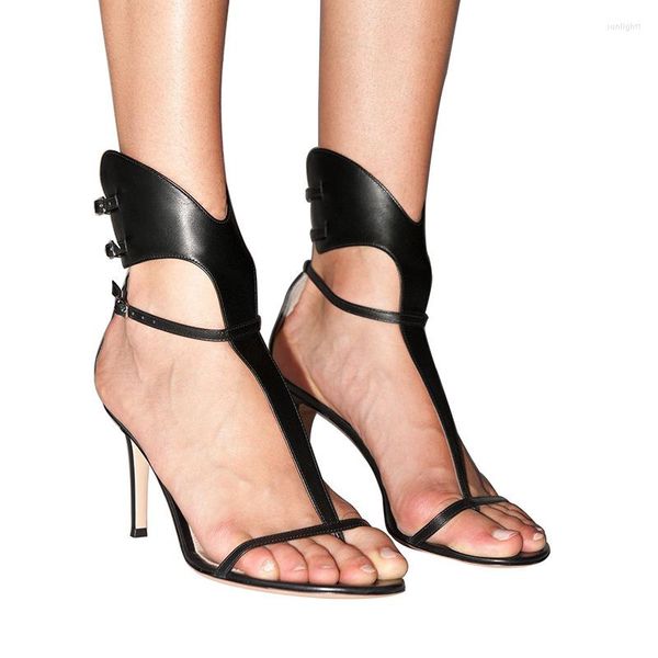 Chaussures habillées 2023 été femmes pompes noir boucle en cuir véritable Sexy Clip orteil talons hauts sandales Stiletto femme Sandalias