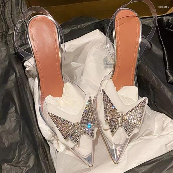 Chaussures habillées 2023 été femmes bout fermé sandales transparentes Bling cristal papillon noeuds clair talons hauts fête mariage