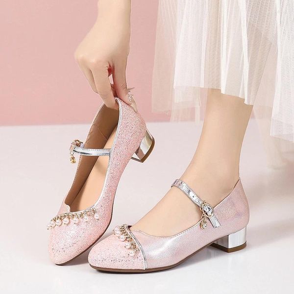 Chaussures de robe 2023 Sweet String Perle Bling Mary Janes Bloc de Princesse Talon Bas Mariage Femmes Pompes Or Argent Rose Goutte Gratuite