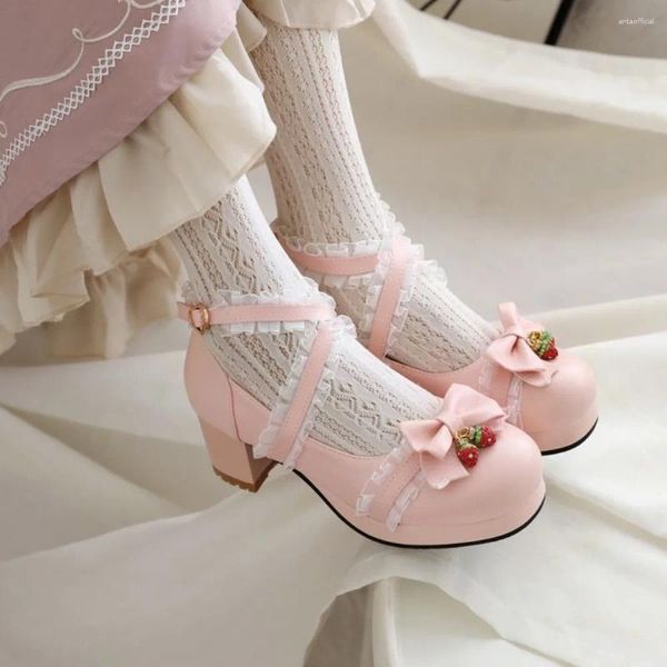 Chaussures habillées 2023 US4-11 Femmes Mary Jane Bowknot Dentelle Lolita Bloc Talon Pompes Ceinture Chunky Bonbons Couleurs Taille