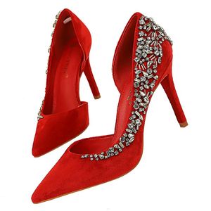 Kledingschoenen 2023 vrouwen 10 cm hoge hakken kristal glitter pumps dame rhinestone roze vrouwelijke escarpins fetisj sexy feest bruiloft rood