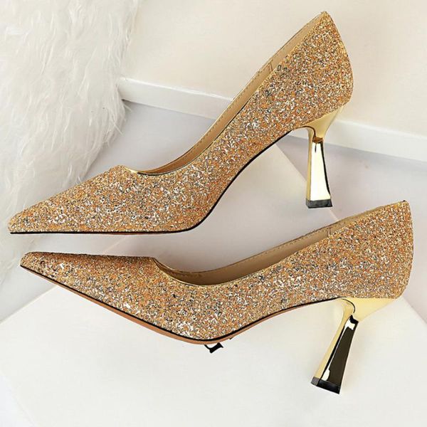 Chaussures habillées 2023 femmes 7.5 cm talons hauts grande taille écharpes de mariage paillettes or Bling pompes basses mariée rose luxe