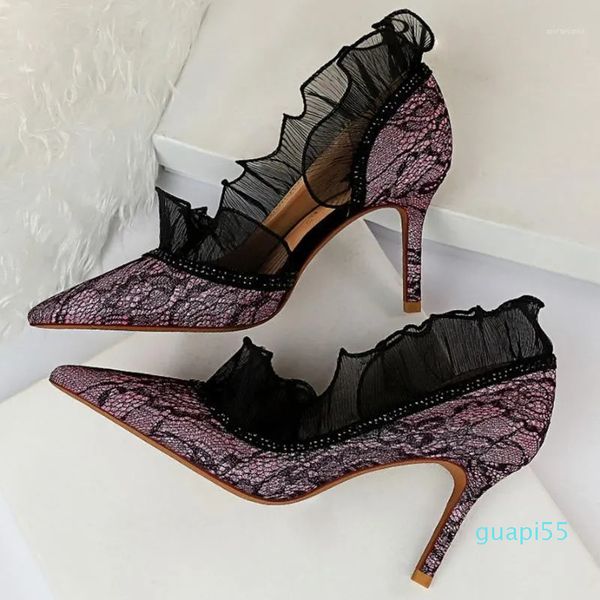 Chaussures habillées 2023 femmes 8cm talons hauts dentelle violet Bling cristal pompes luxe élégant dame bas Scarpins fête bal