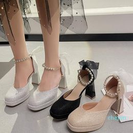 Dress Shoes 2023 Damesketen vierkant hakken Sweet Lolita Fashion Simple Elegant Bridal Shoe