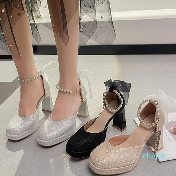 Zapatos de vestir 2023, zapatos de novia elegantes simples a la moda de Lolita con tacones cuadrados y cadena para mujer