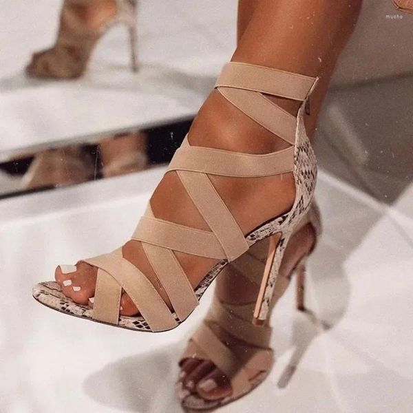 Robe chaussures 2023 femmes sandales talons hauts gladiateur bride à la cheville sandalias femme peep toe stiletto bandage fête été creux 43