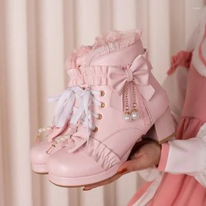 Robe chaussures 2024 automne style lolita rose blanc bottes pompes dentelle perles croisées pendentif arc volants bloc talons mariée femmes