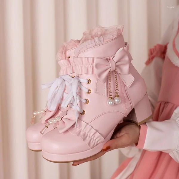 Zapatos de vestir 2024 otoño estilo lolita rosa blanco botas bombas encaje perlas cruzadas colgante arco volantes bloque tacones novia mujeres