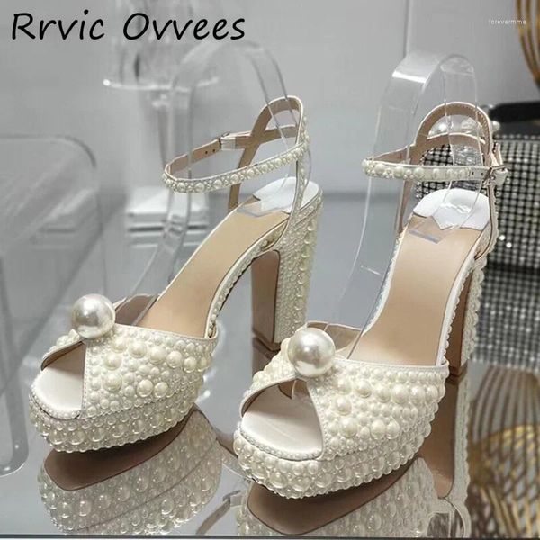 Chaussures habillées 2024 Chunk High Heel Sandals Femmes ouvertes Open Toe Luxury Pearl Decor Plateforme de cheville Sandalias Summer Fairy Party