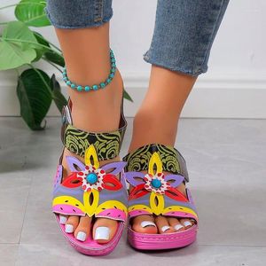 Dress Shoes 2024 Ethnic Style Sandals Dames Summer Colorblock Wedge Totem 43 Plus Size For Women