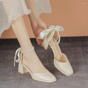 Chaussures habillées 2024 Fashion Bow Pompe High Heels: Femme Mary Jane Bouche peu profonde sexy beige perle confort filles pompes féminines