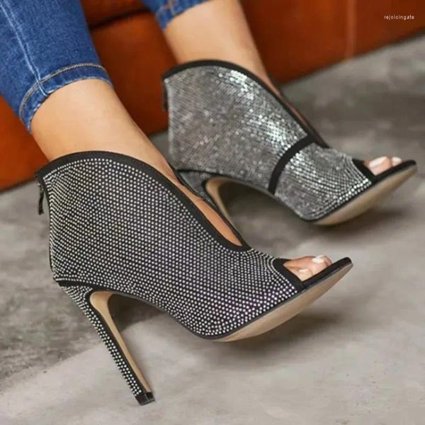 Chaussures habillées 2024 Fashion Femmes Summer Crystal Pumps Thin High Heels Nice Peep Toe Magnifique fête noire US Taille 5-15