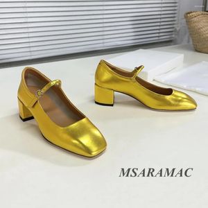 Chaussures habillées 2024 Gol en cuir métallique Strap avant carré Talon Mary Jane Retro Real Toe Summer à talons hauts pour femmes