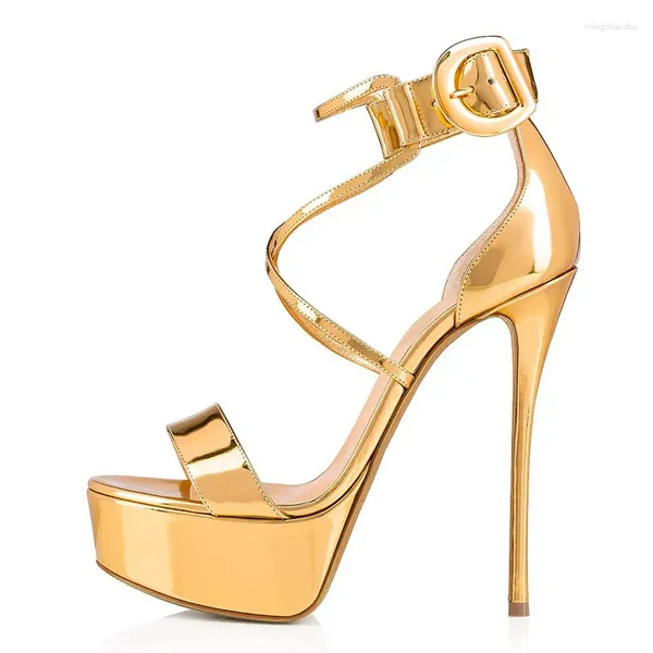 Chaussures de robe 2024 Gold Party Talons pour femmes Plates-formes Sandales d'été Grande taille Strappy High Open Toe Boucle Sangle Soirée Danse