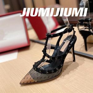 Dress Shoes 2024 Jiumijiumi Est zomer handgemaakte gladiator sandalen klinknagels puntige teen dunne hiel vrouw polka dot botas mujer