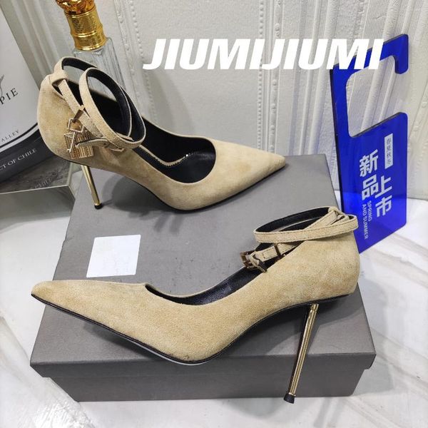 Zapatos de vestir 2024 Jiumijiumi Handmade sexy gamor de gamuza de tobillo de la mujer con tiletería de agujeros de metal decoración de metal bota feminina