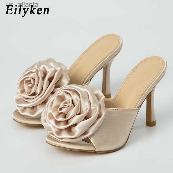 Chaussures habillées 2024 Nouvelle arrivée Summer Silk Flower Femmes Slipper Fashion Elegant High Heel Sandals Slides Ladies H240403VQAC