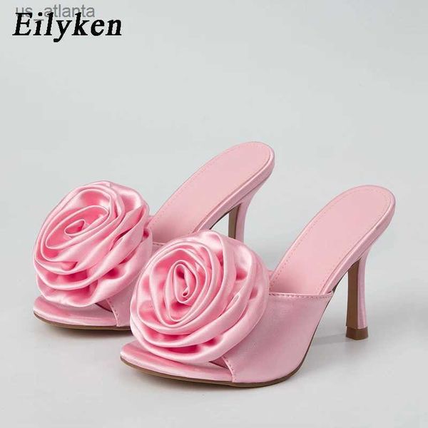 Chaussures habillées 2024 Nouvelle arrivée Summer Silk Flower Femmes Slipper Fashion Elegant High Heel Sandals Slides Ladies H240403