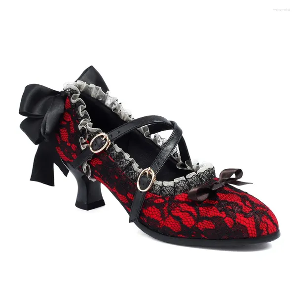 Zapatos de vestir 2024 talla grande 43 tacones de gatito y2k para mujeres Mary Jane Bombes negros volantes lolita nudo gótico halloween vampiro cosplay