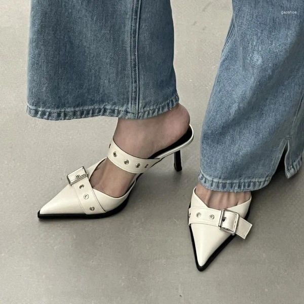 Chaussures habillées 2024 Punk Goth Metal Buckle High Heels For Women Trend 6cm Elegant Shoe Sandals Fashion Pointed Toe Party