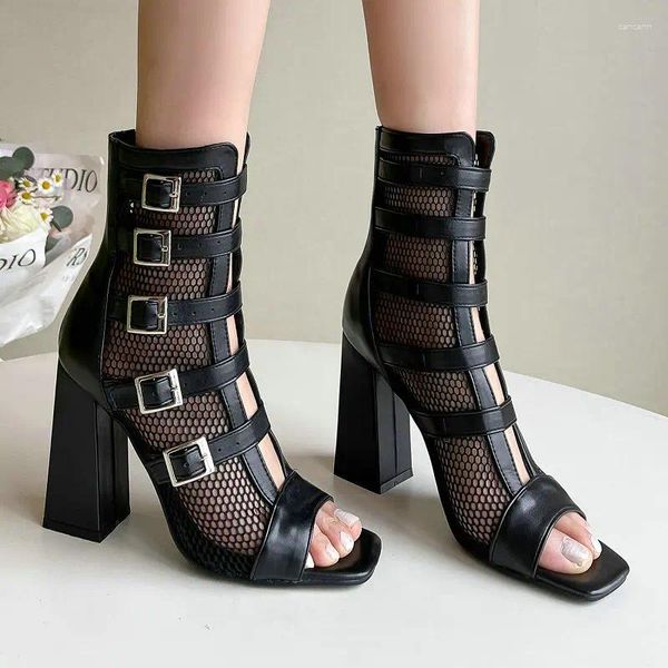 Zapatos de vestir 2024 punk peep dedo liso negros red de malla sexy tacones de stripper strep stap góticos botas de verano botas de verano sandalias de mujeres