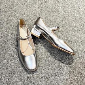 Chaussures habillées 2024 printemps et automne Vintage petit argent Mary Jane pour femmes talon épais soir doux bas