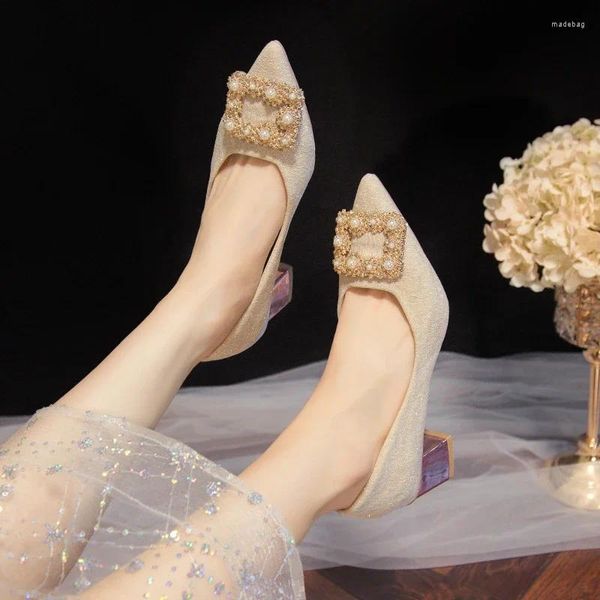 Zapatos de vestir 2024 Primavera Elegante Damas de lujo Rhinestone Boda Dama de honor Punta puntiaguda Mujeres Bombas Tacón grueso para