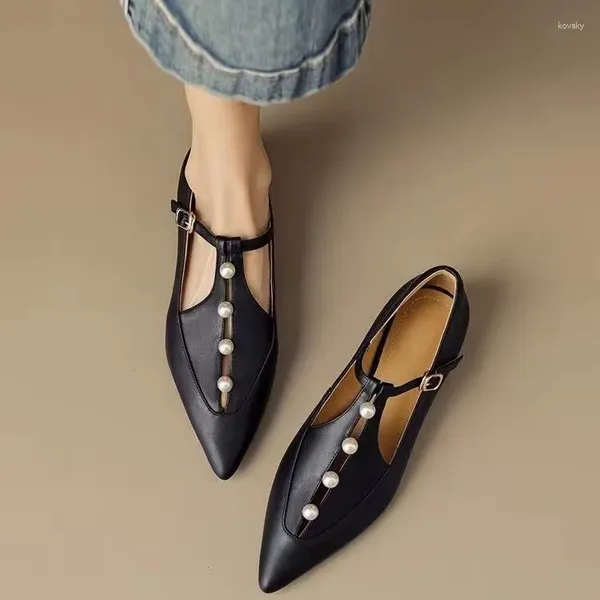 Zapatos de vestir 2024 Spring Pointy Flat Women Hollow Out Una línea Hebilla con perla adelgazante Mary Jane Mujer