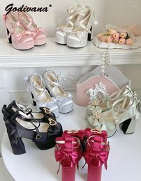 Dress Shoes 2024 Spring Summer Ladies Elegant Waterproof Platform Satin Bow Chunky Heel Sweet Love Mary Jane High Heels For Women
