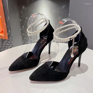 Dress Shoes 2024 Lente zomer Punted Teen Ladies High Stiletto Heel Pearl Strap Ankle Sandals Dames Plus Maat 35-45