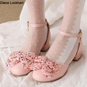 Zapatos de vestir 2024 Mujeres de primavera Tacones altos Mary Jane Party Fiesta Boda Blanca Pink Beige Bow Bow Princess Cosplay Summer Lolita