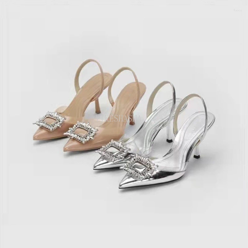 Dress Shoes 2024 Summer Designer Silver High Heels Sandals Women Rhinestone Square Buckle Pointed Toe Slingbacks Party