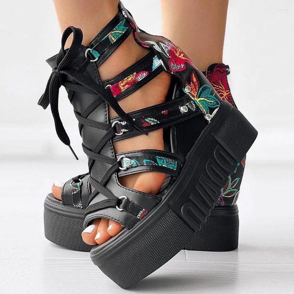 Zapatos de vestir 2024 Patrón floral de verano Plataforma con cordones Sandalias de cuña Cremallera Ocio para mujeres Altura creciente